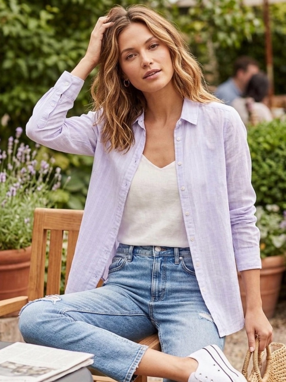 LOFT Light Purple Linen-Blend Button-Up Shirt